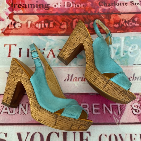 David Tyler Teal Leather Cork Heels - Picture 3 of 7